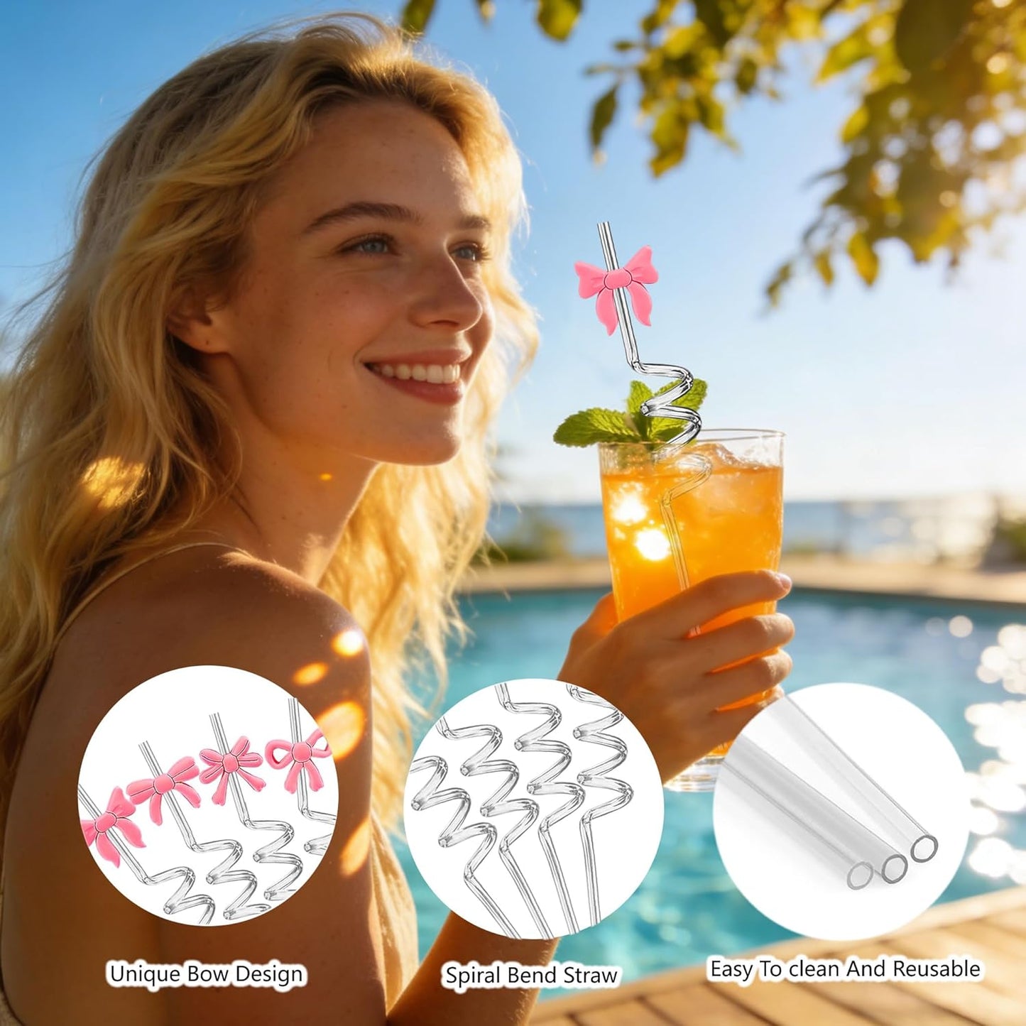 24 Pzas Popote Plástico Rosa Reutilizable Con Dije Lazo