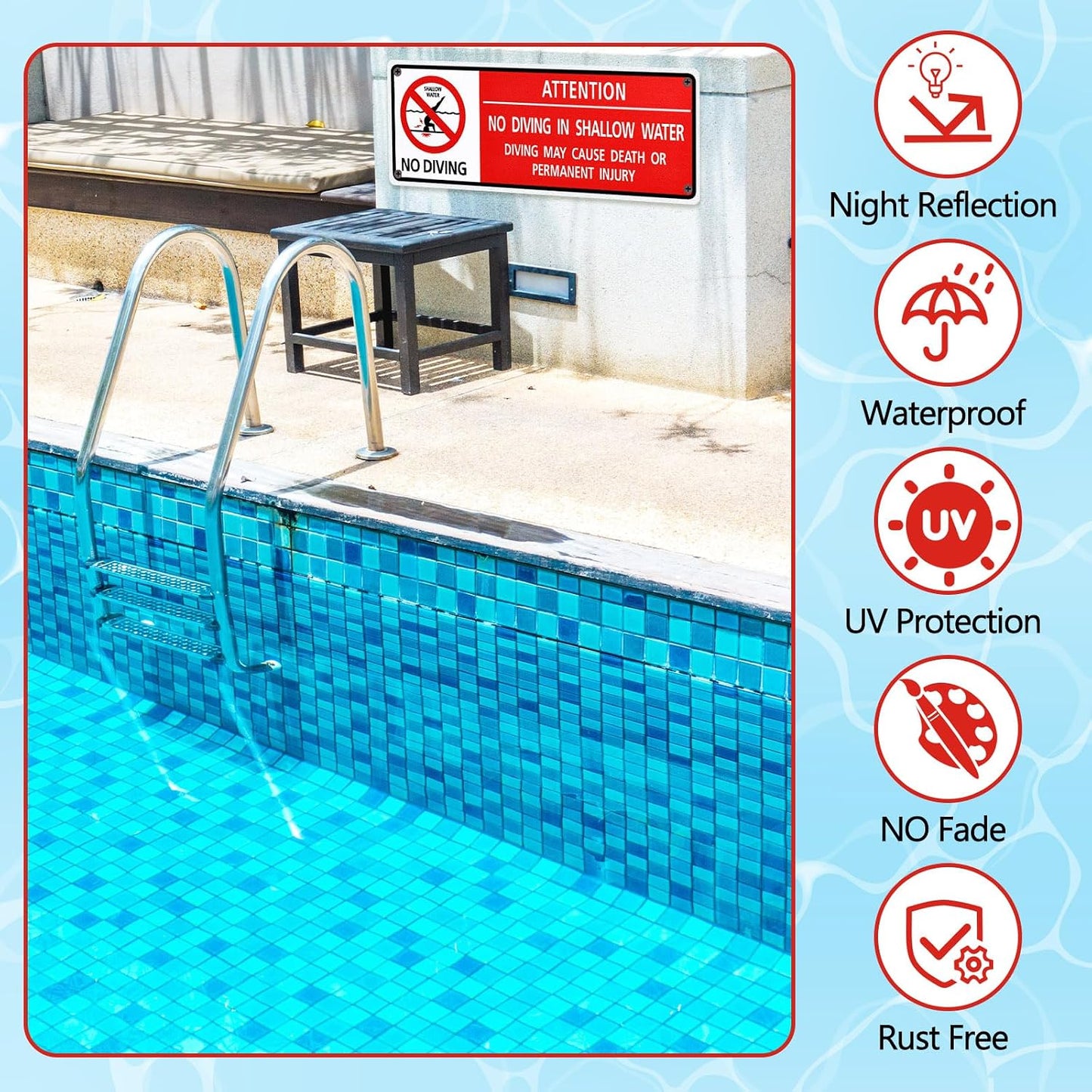 6 Letreros Aluminio Reflectante No Bucear Piscina 3x10