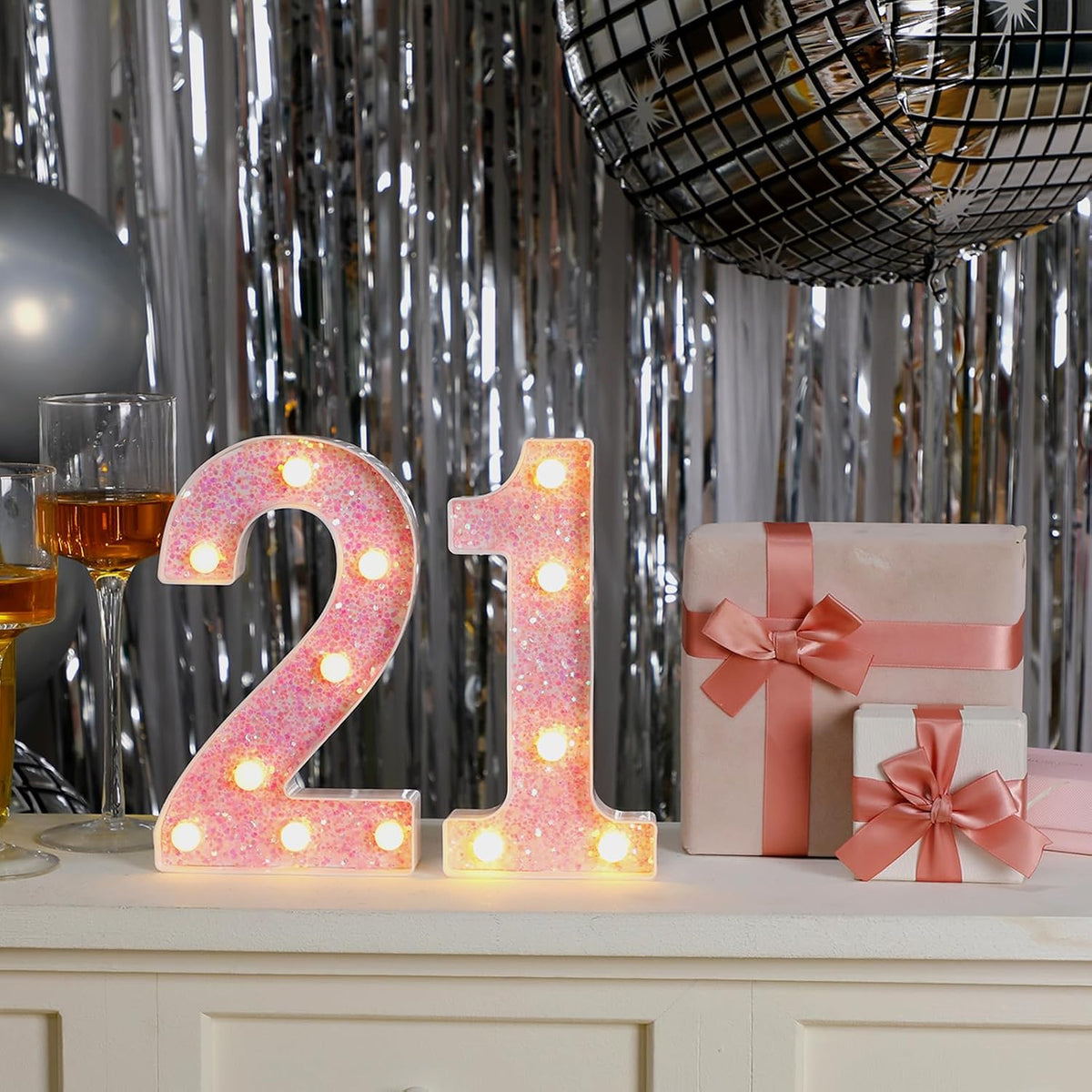 Letrero LED con números 1 y 2 rosa brillante para fiestas