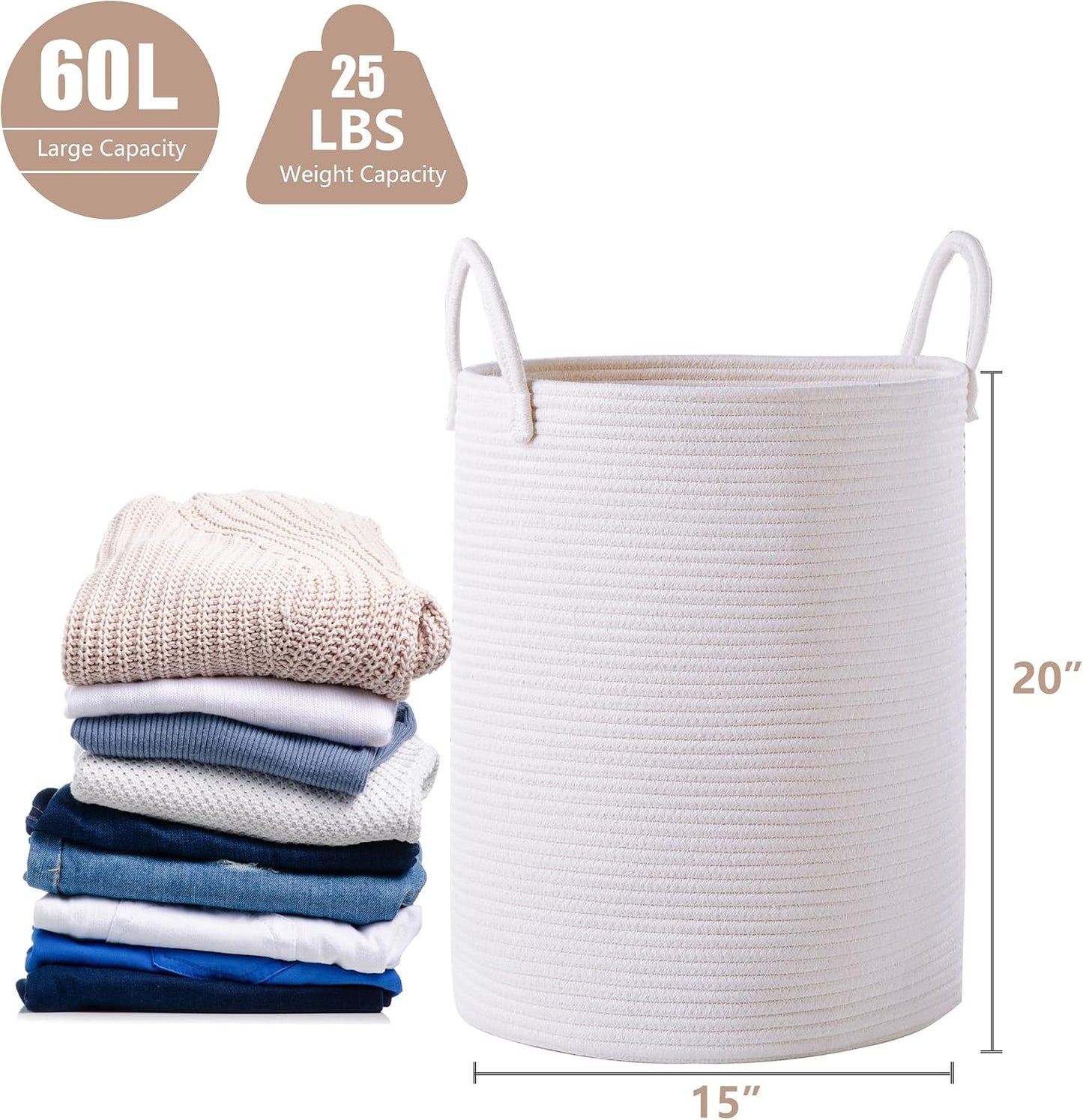 Cesta ropa tejida algodón 60L para bebé y niños