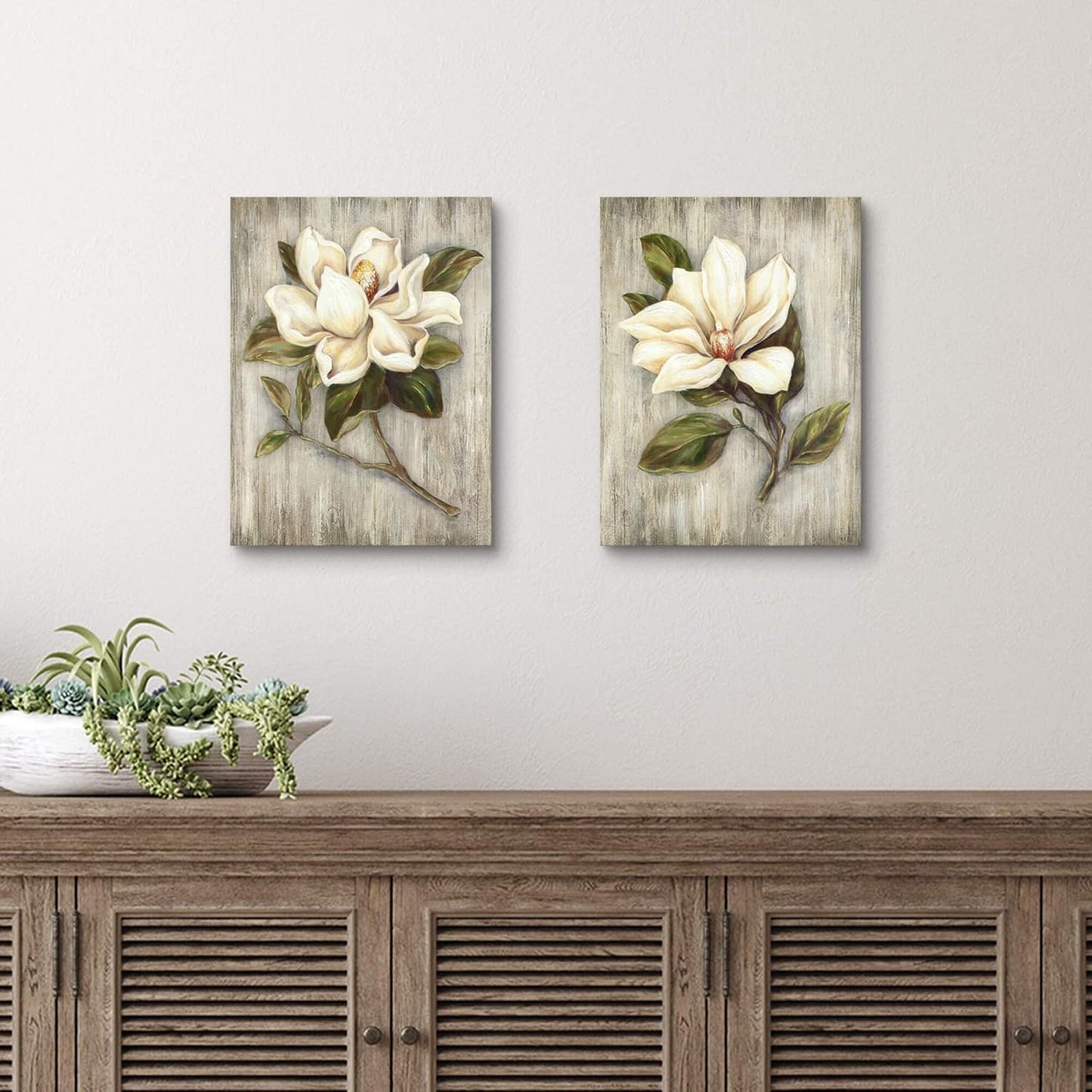 Pintura flores magnolia lienzo textura madera dormitorio