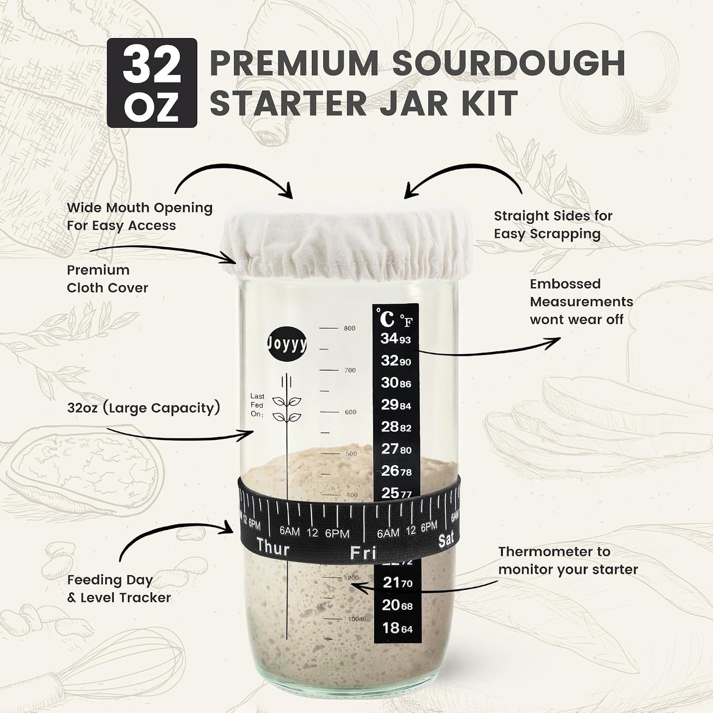Tarro vidrio 34oz con tapa y rastreador masa madre set 2
