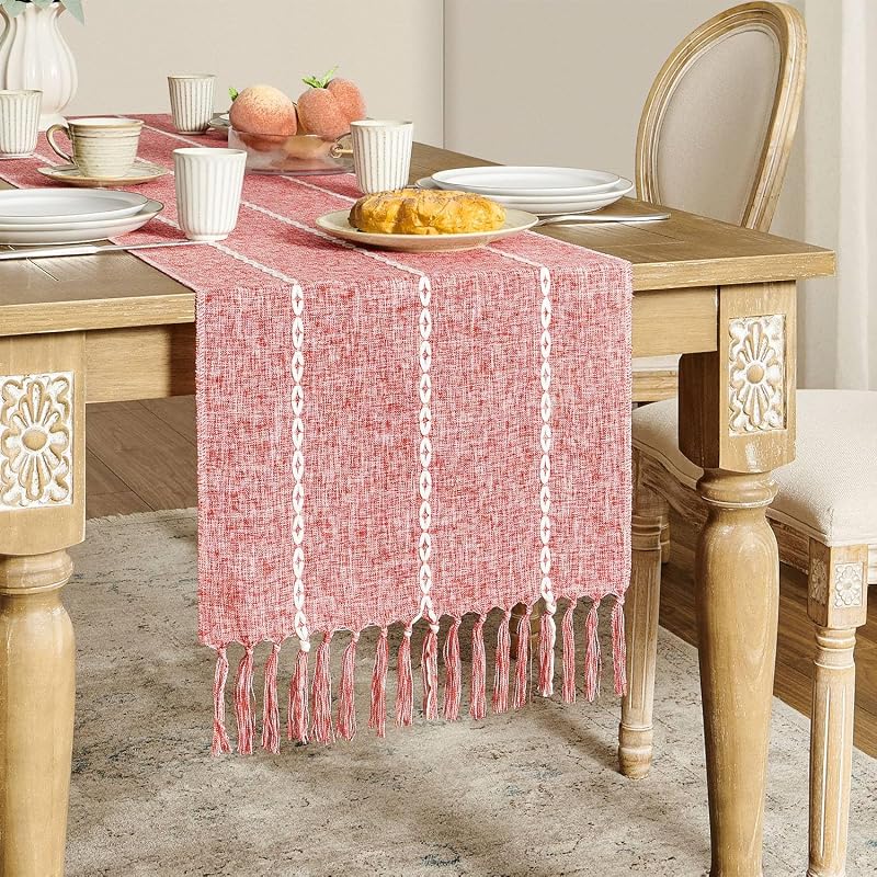 Camino mesa trenzado rayado rojo 15x48pulg decoración boho