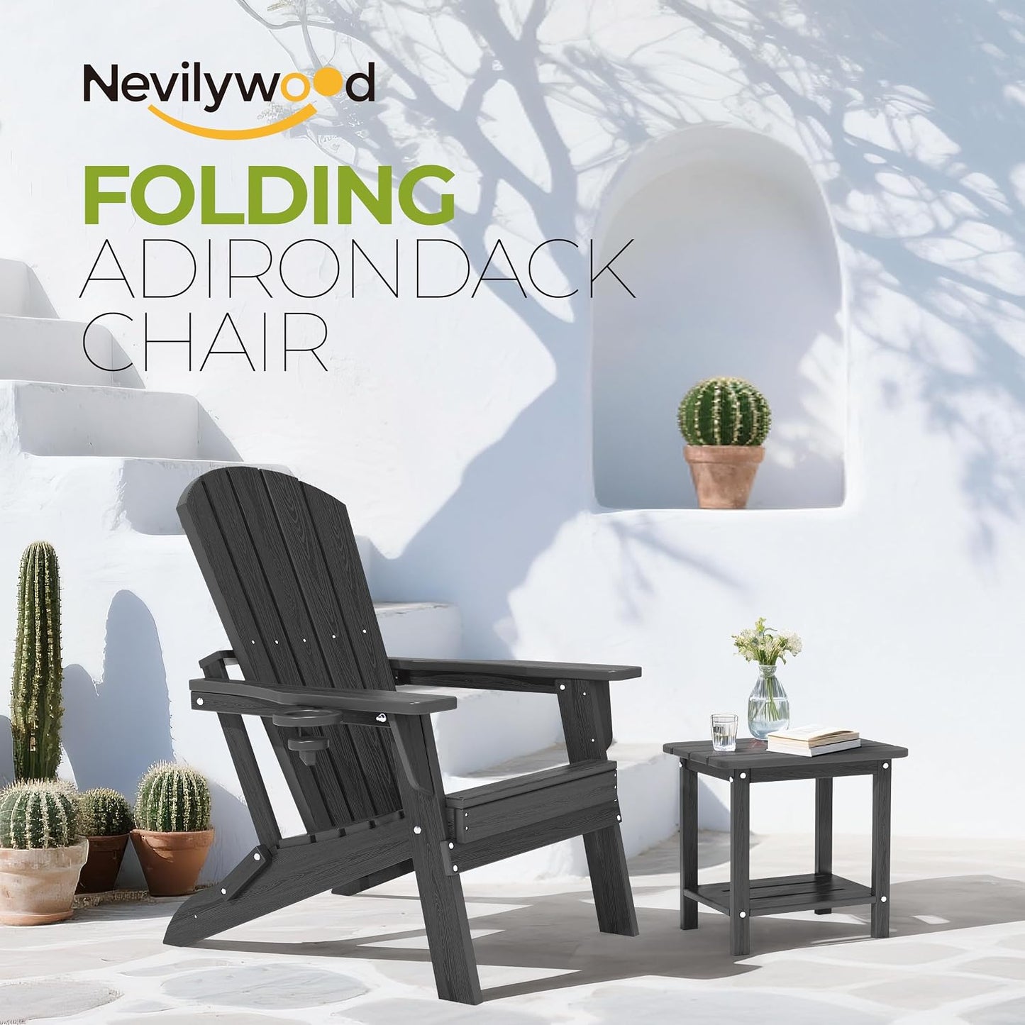 Silla Adirondack plegable ergonómica HDPE negro para patio