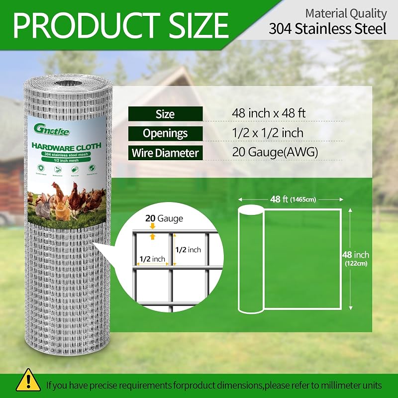 Malla acero inox 304 1/2" 48"×48ft rollo jardín