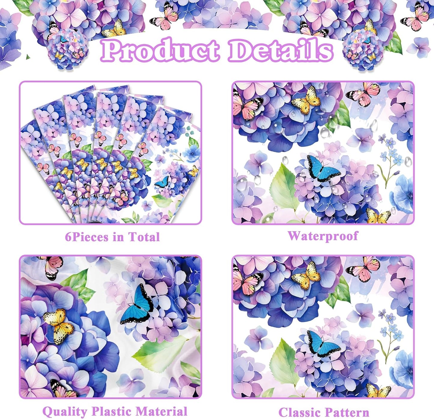 Caminos de mesa de plástico con hortensias moradas 14 x 108 pulgadas