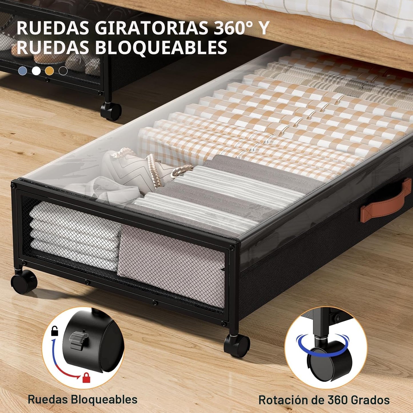 Caja almacenamiento bajo cama con ruedas 54L para dormitorio
