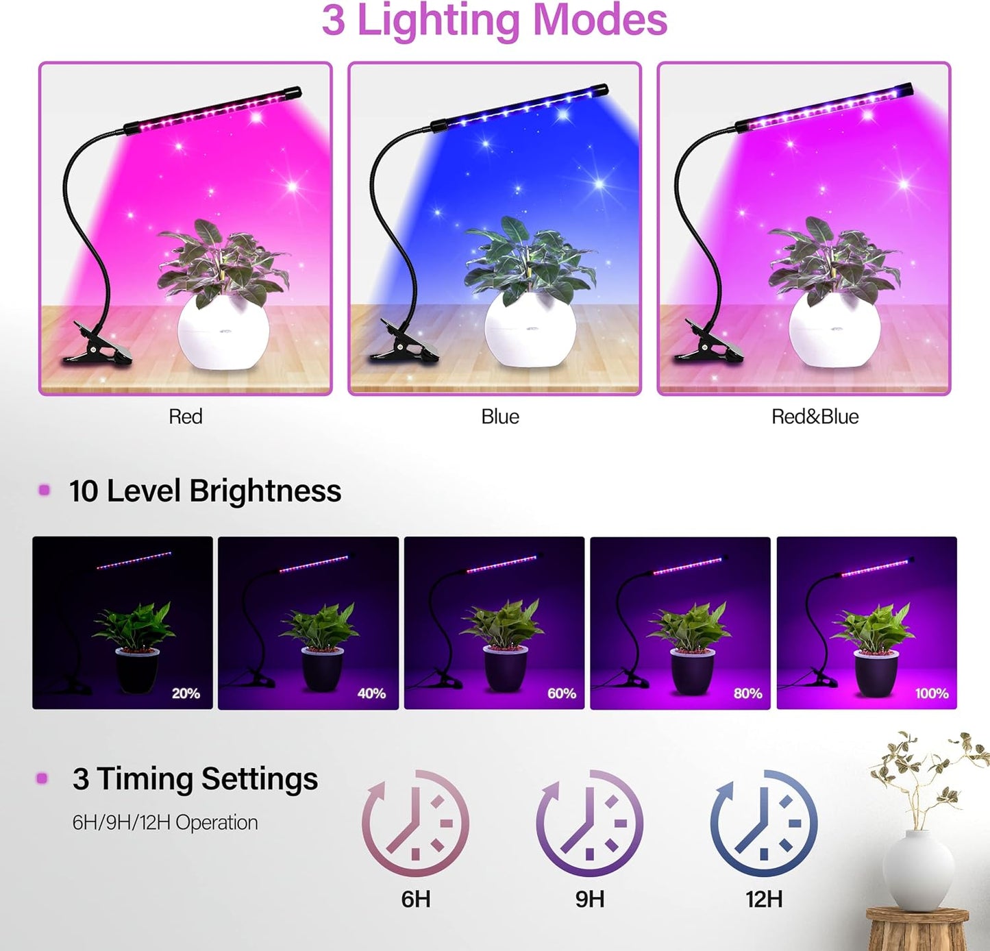 Luz LED crecimiento plantas interior 3 modos 10 niveles 6-12h