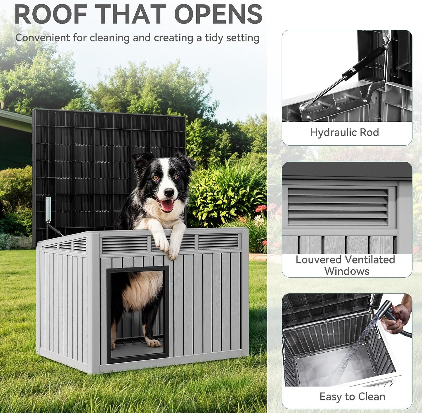 Casa plástico perros techo elevable impermeable gris