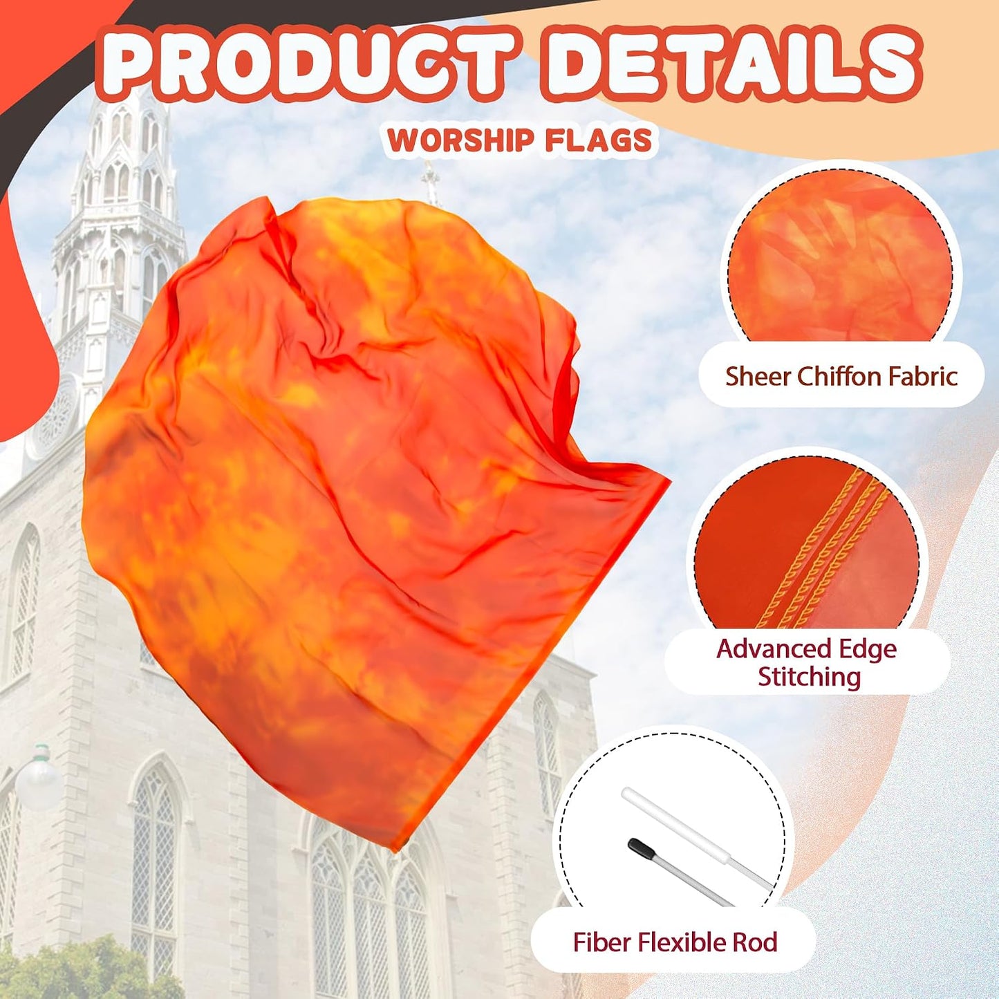 Banderas gasa seda 54x54 pulg iglesia danza naranja-rojo set 2