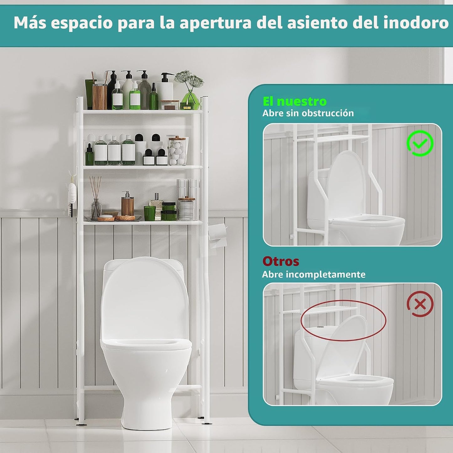 Estante baño 3 niveles con soporte papel y 4 ganchos