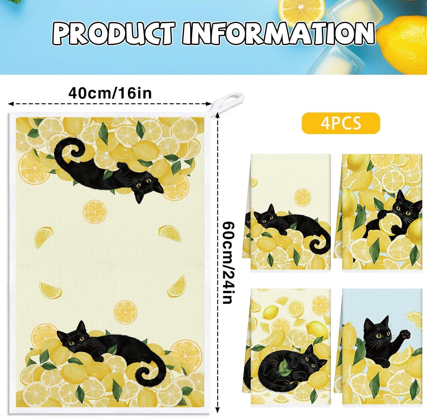 Set 4 Toallas Microfibra Limón Negro Gato Hogar Limpieza