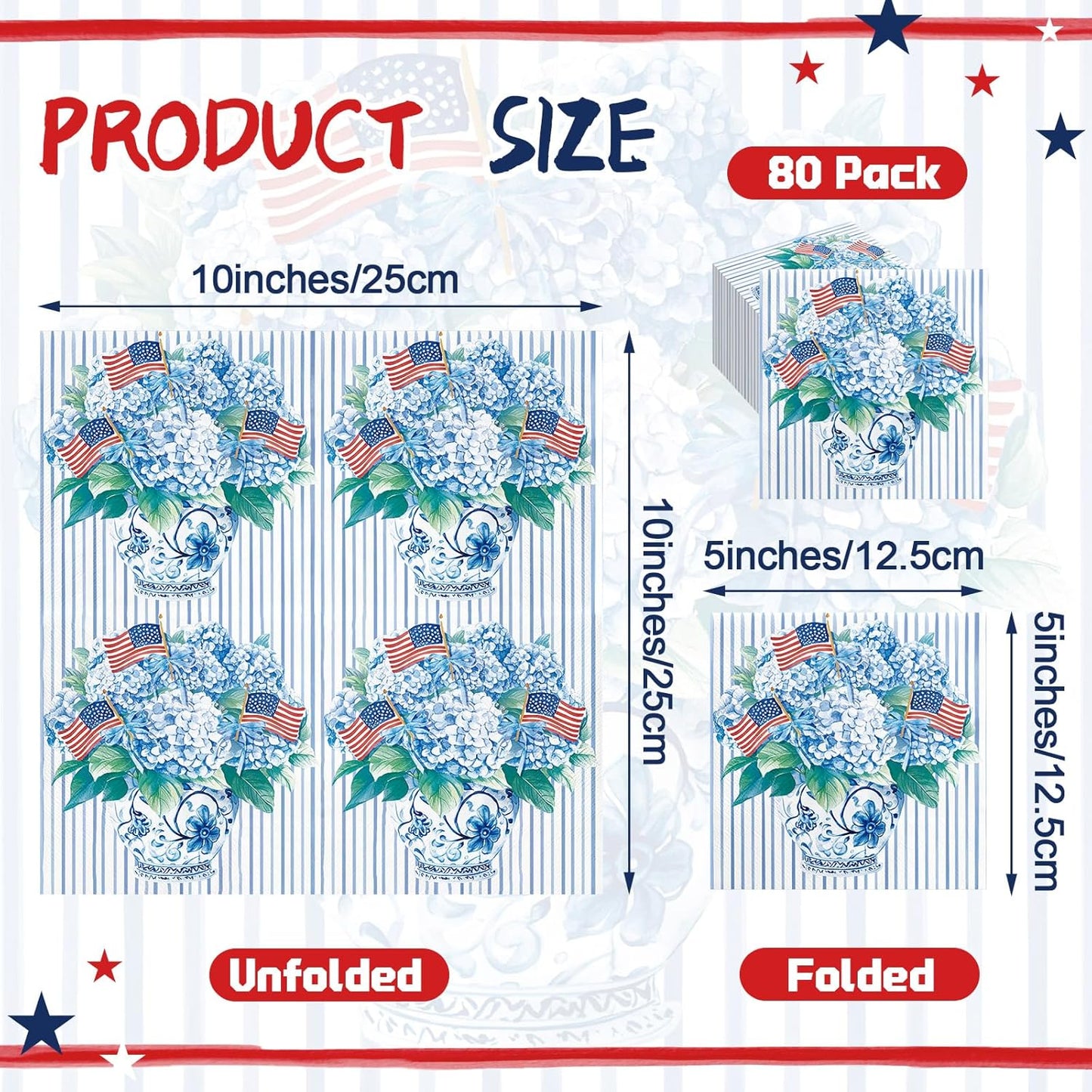 Servilletas cóctel florales patrióticas 5x5 pulg 80 pzas