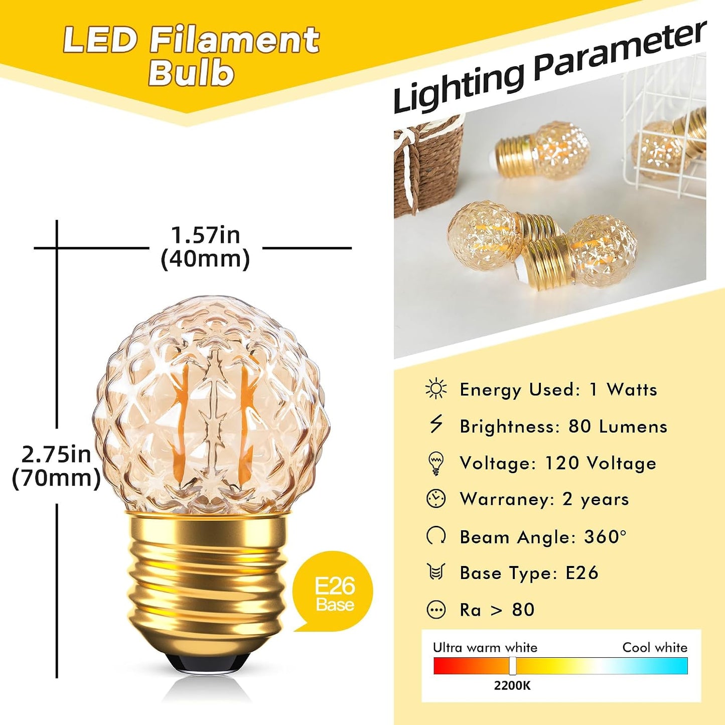 Bombillas LED ámbar forma piña 1W 2200K luz cálida