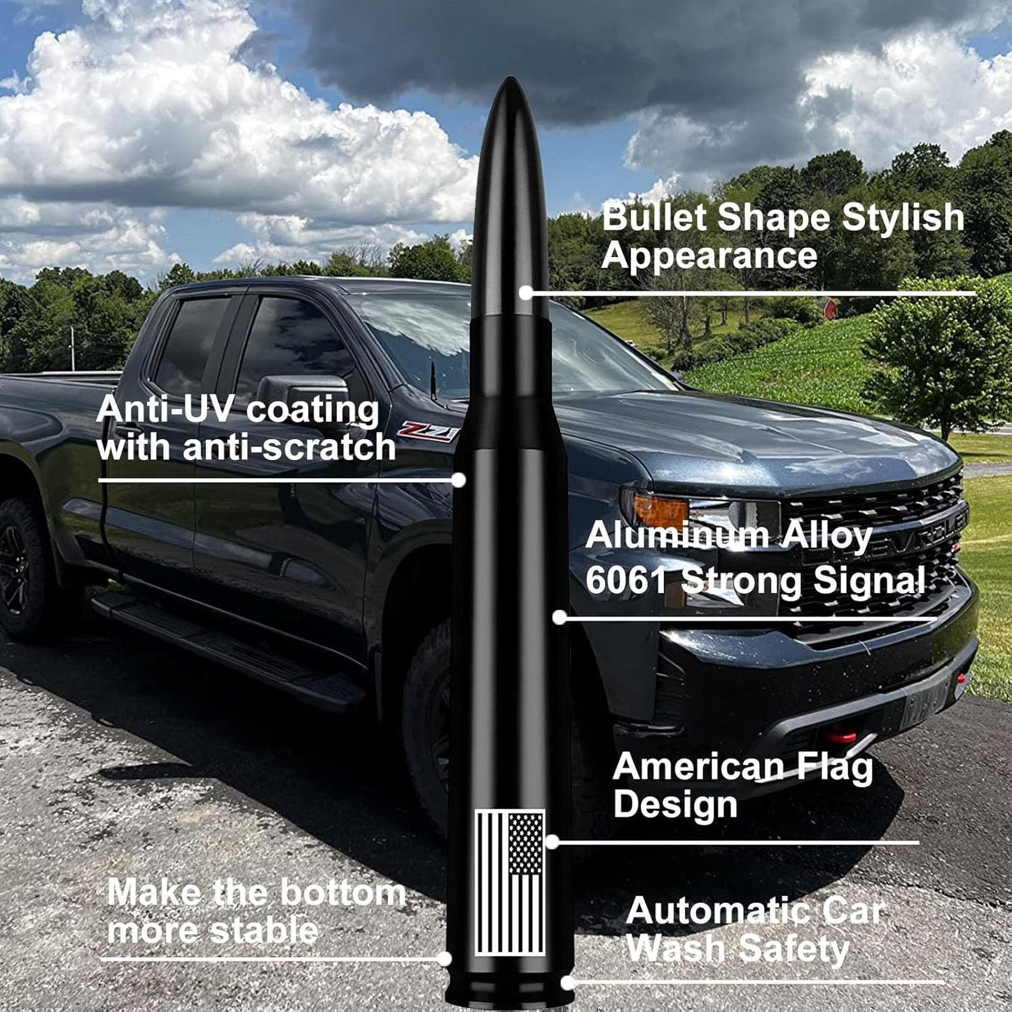 Antena 50 Cal Bullet Chevy Silverado GMC Sierra 07-25 negro