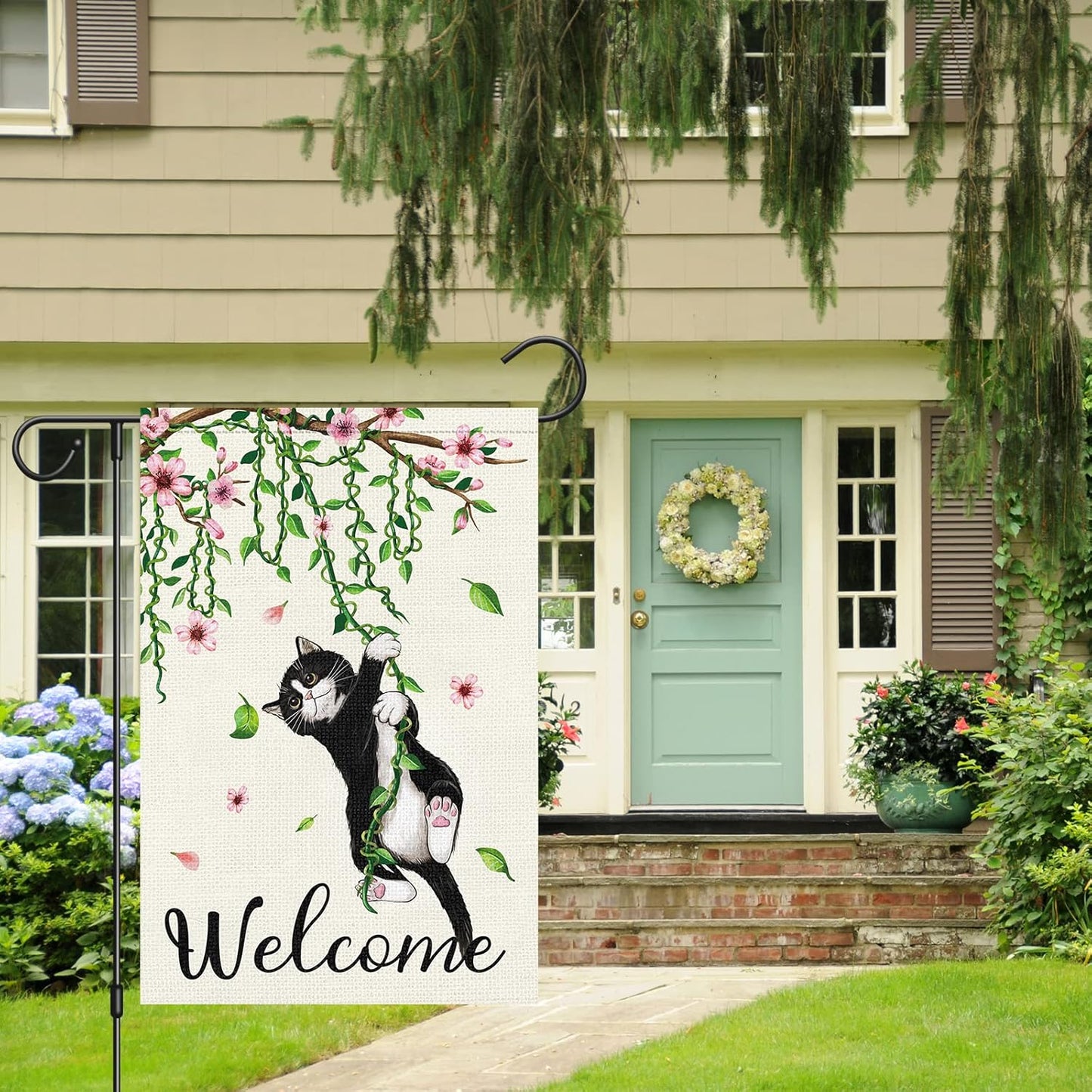 Bandera jardín gato negro 12x18" doble cara arpillera