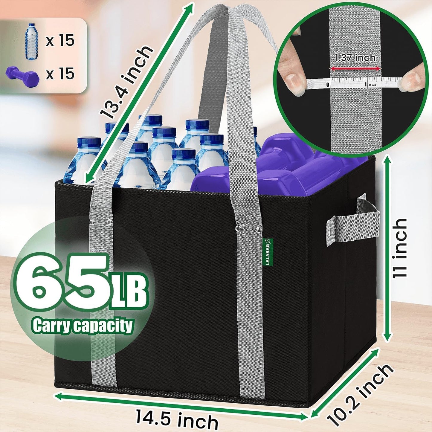 Bolsas compras reutiliz. 3 pzas resistentes 65lb plegables