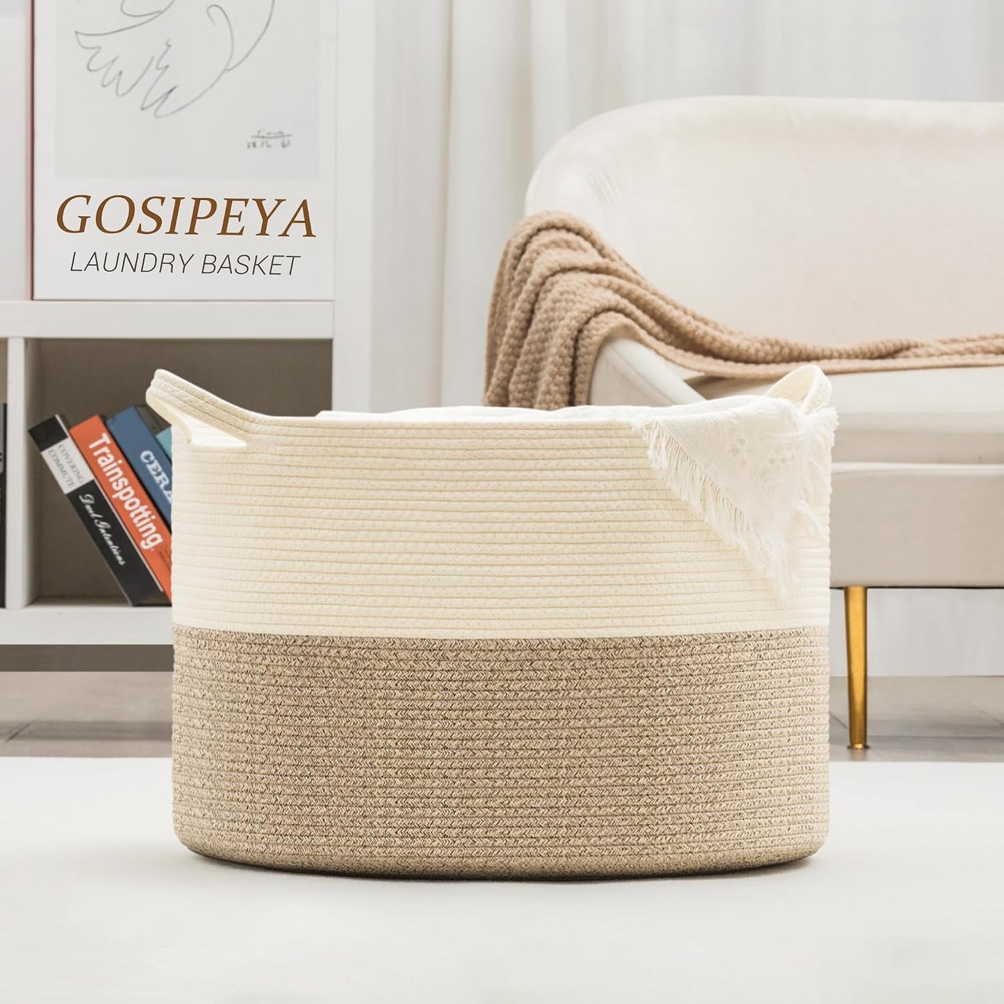 Cesta tejida algodón XXXL 21.7x13.8pulg 90L para manta sala