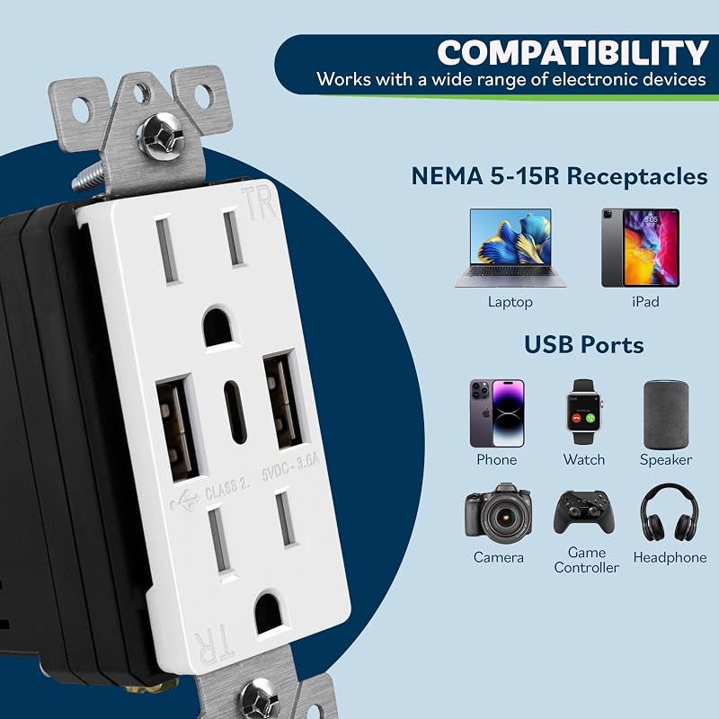 Toma USB tipo C 3 puertos 18W cert UL 6 Pack