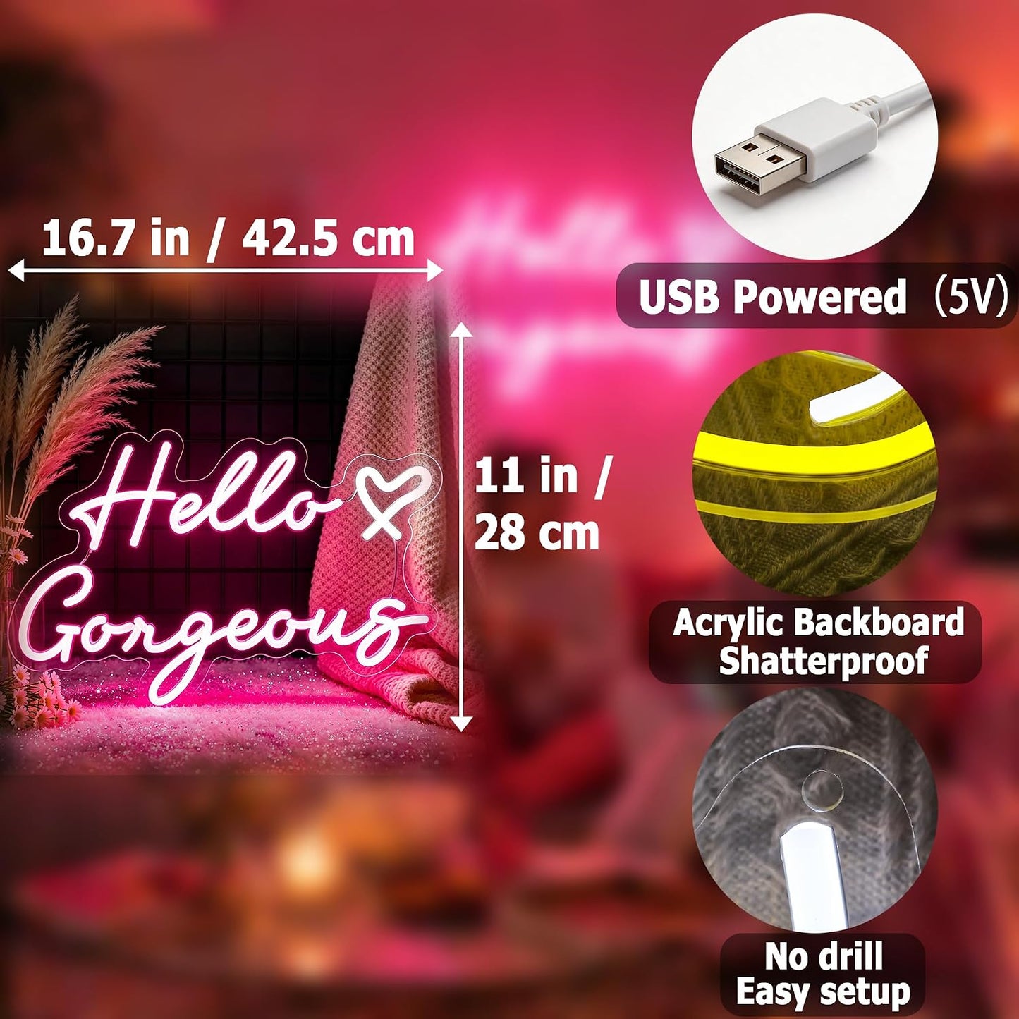 Letrero Neón Hola Hermosa Rosa LED para Barra Cerveza