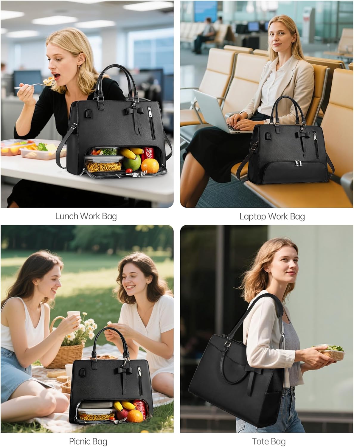 Bolsa de almuerzo grande para mujer en negro de cuero