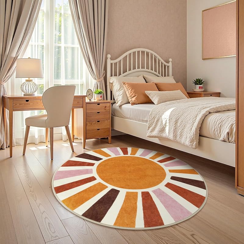 Alfombra bohemia redonda 4ft para niños antiderrap lavable