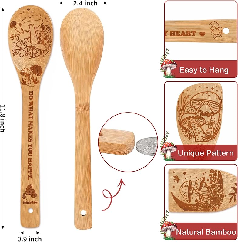Cucharas bambú decoración hongos soporte utensilios cocina