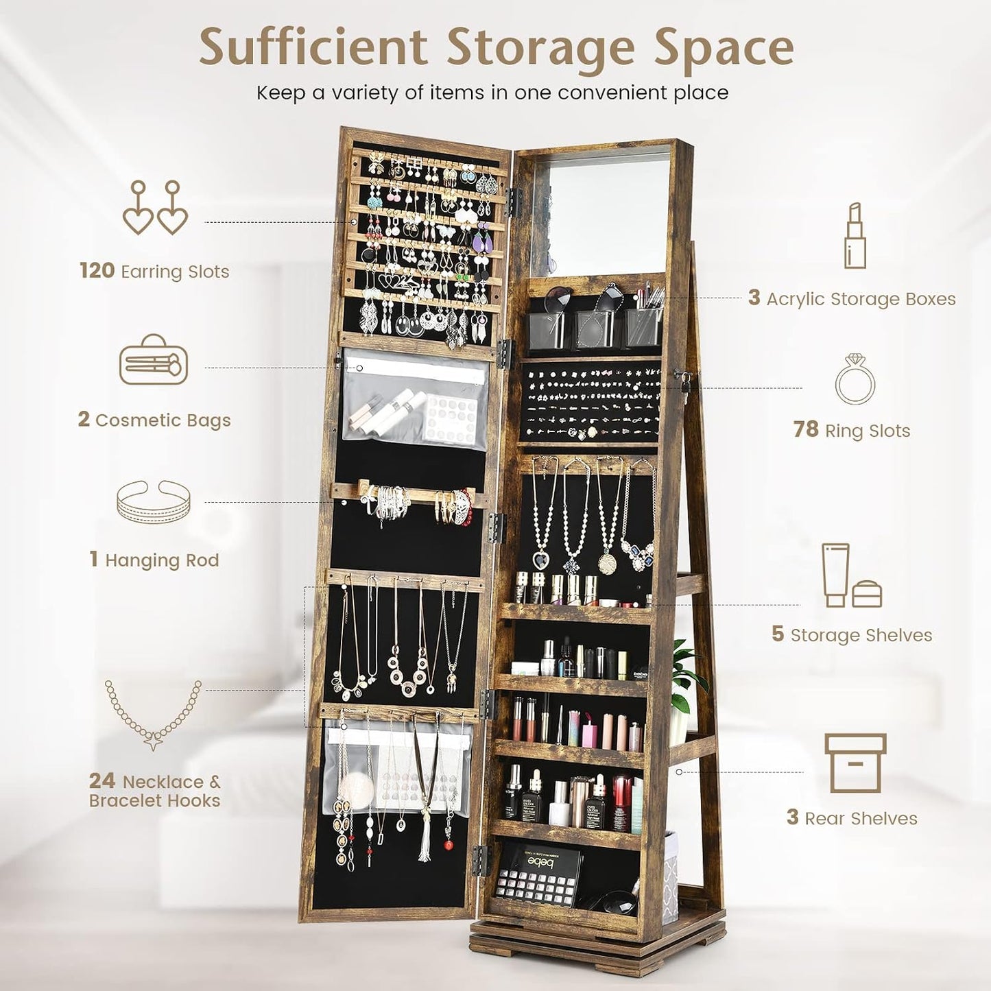 Organiz. joyas giratorio 360° con espejo y estantes 3