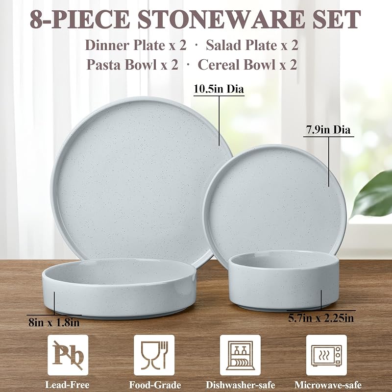 Set 8 Pzas Vajilla Gres Cuencos Ensalada Gris Claro