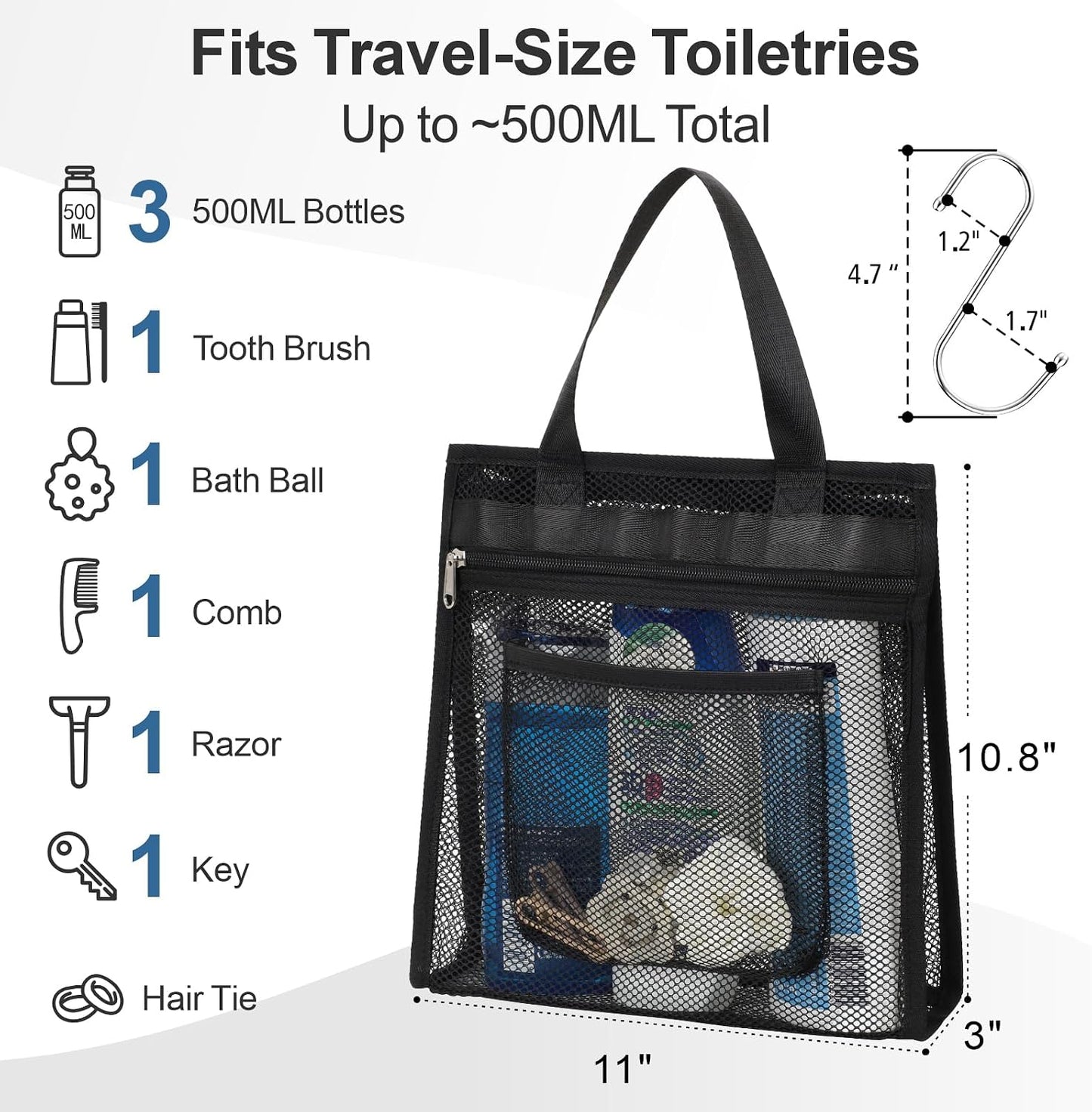 Organiz. ducha malla negro 3 bolsillos colgante