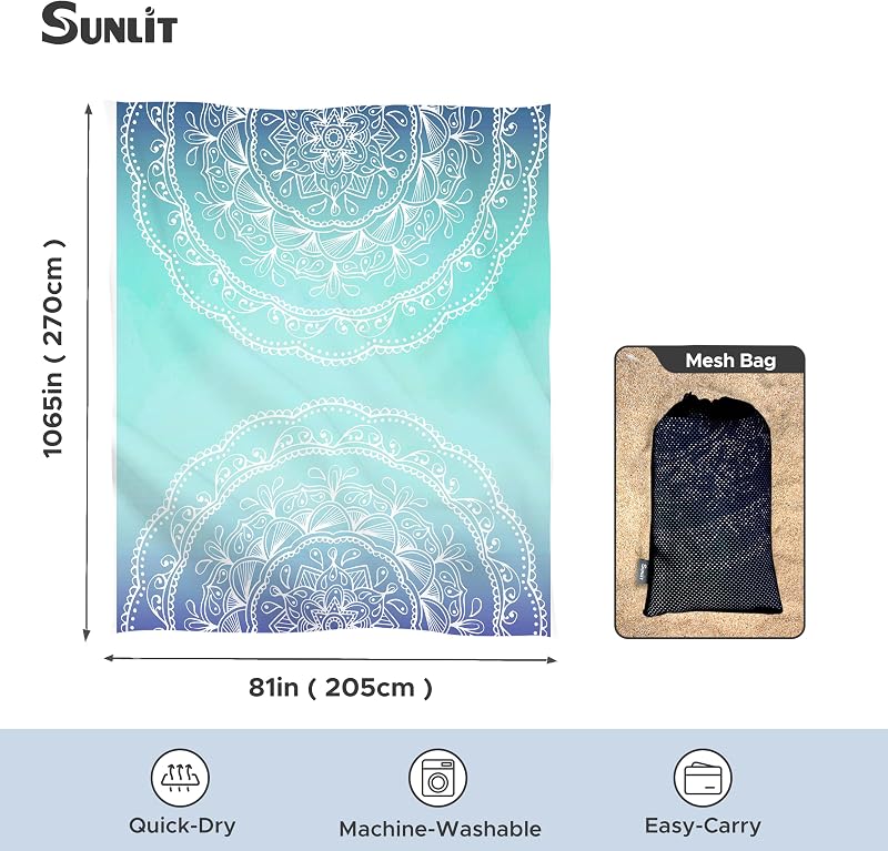 Manta playa suave 106x81pulg con bolsillos malla mandala