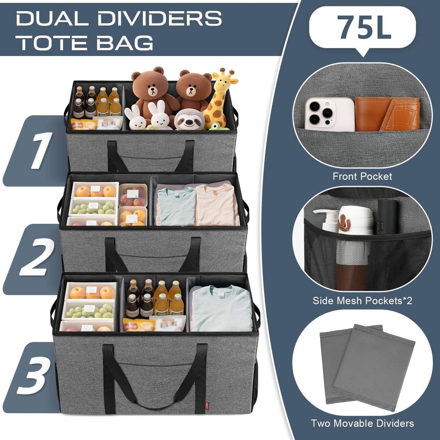 Bolsa utilitaria 75L con divisores removibles reutiliz.