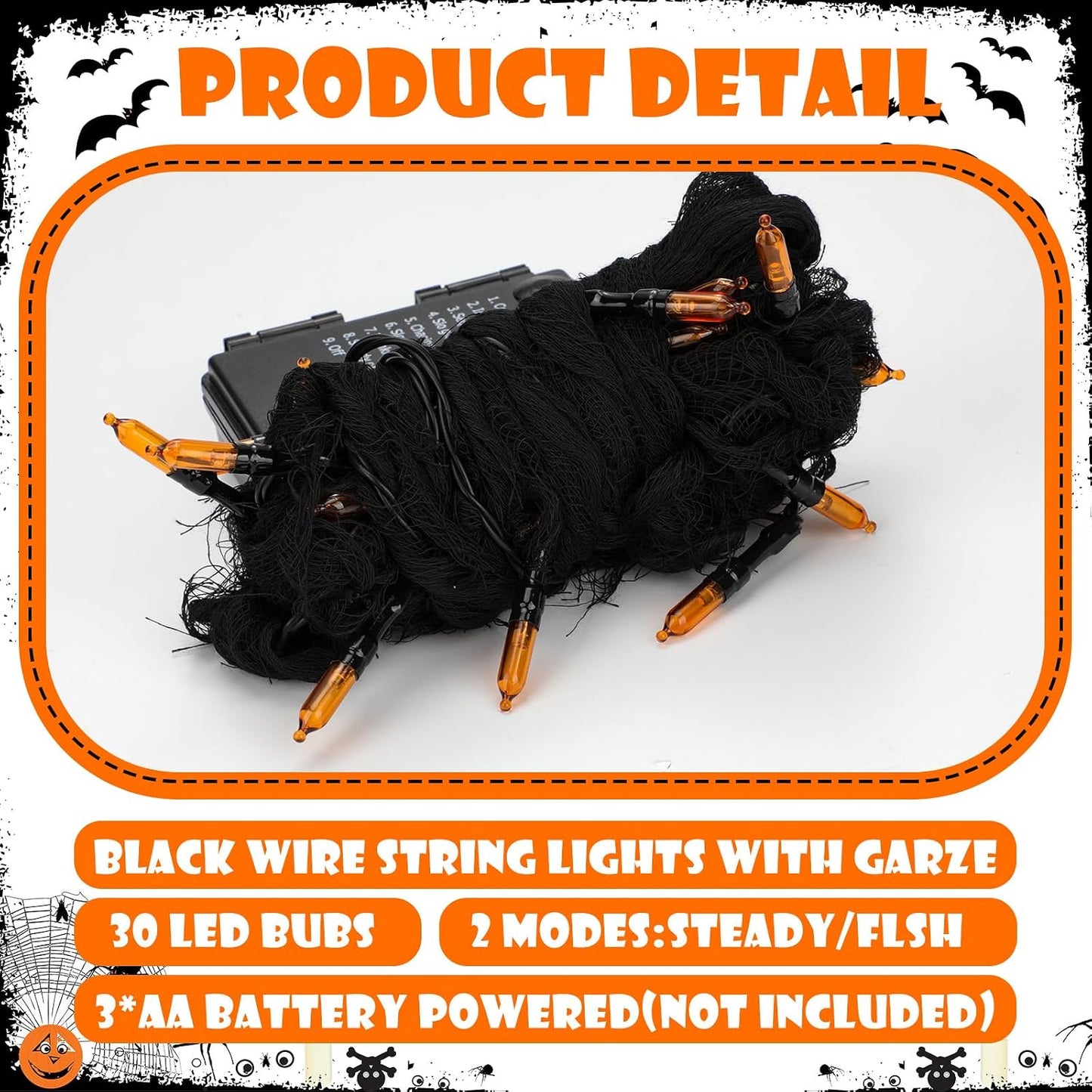 Guirnalda luces Halloween 23ft naranja 30 LED 8 modos