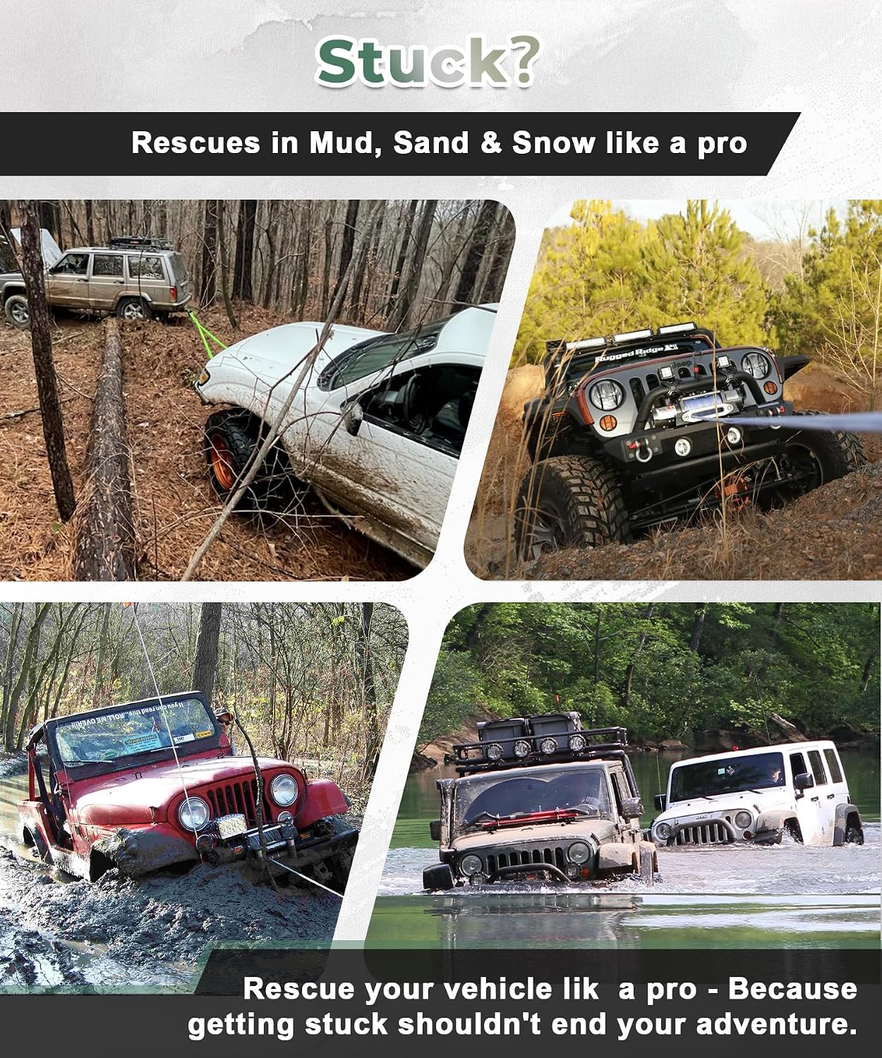 Kit recuperación offroad polea 10 ton 3pulg x8ft grilletes
