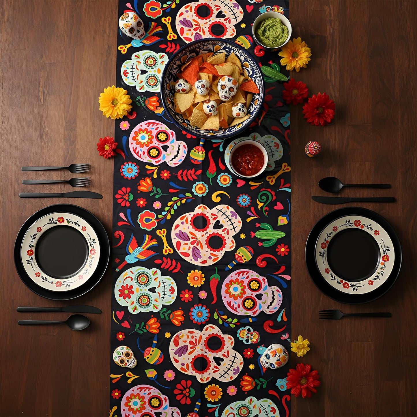 6 Pzas Mantel Dia de los Muertos 14x108pulg Impermeable