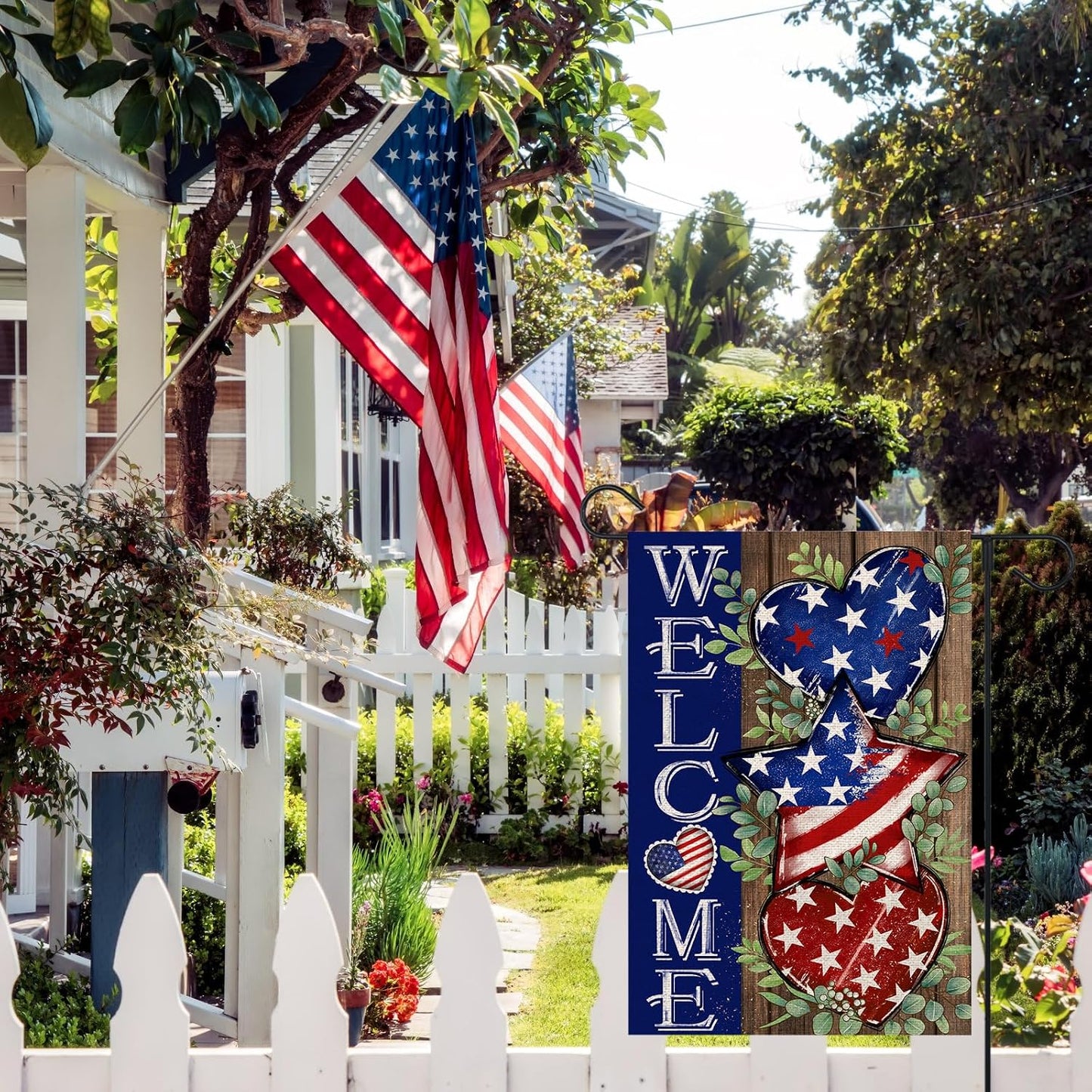 Bandera jardín 4 de Julio 12x18pulg arpillera azul estrellas