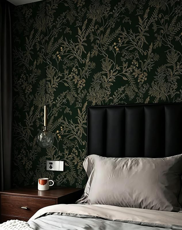 Papel tapiz floral verde oscuro y dorado autoadhesivo
