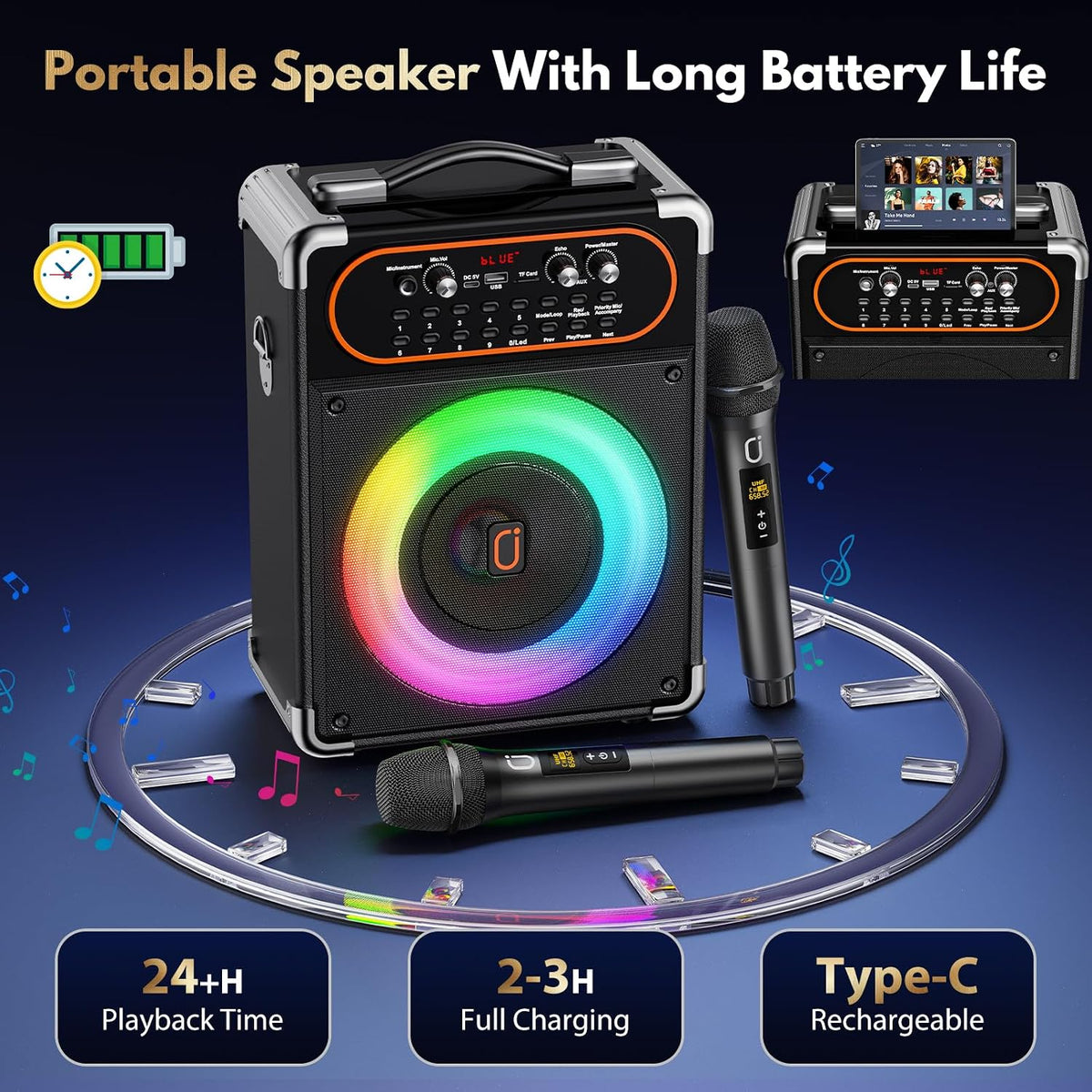 Máquina karaoke con 2 micrófonos Bluetooth 5.3 PA