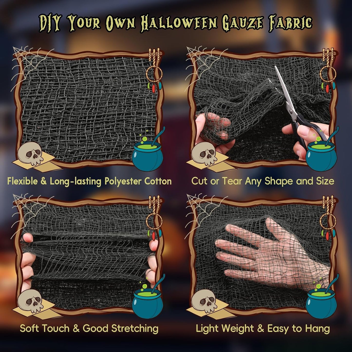 16 Paños Halloween tela malla negra para manualidades