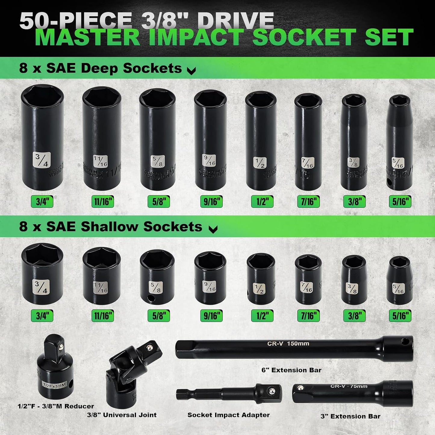 Set 50 Pzas Llaves Impacto 3/8 SAE y Métricas