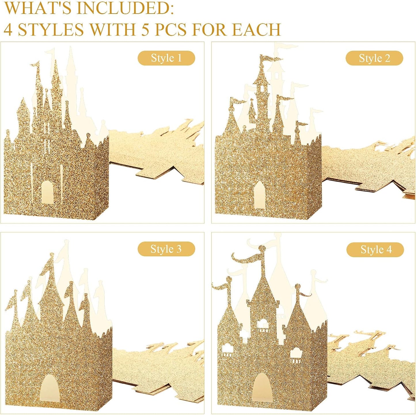 20 Pzas Caja Castillo Princesa Decoraciones Fiesta Oro