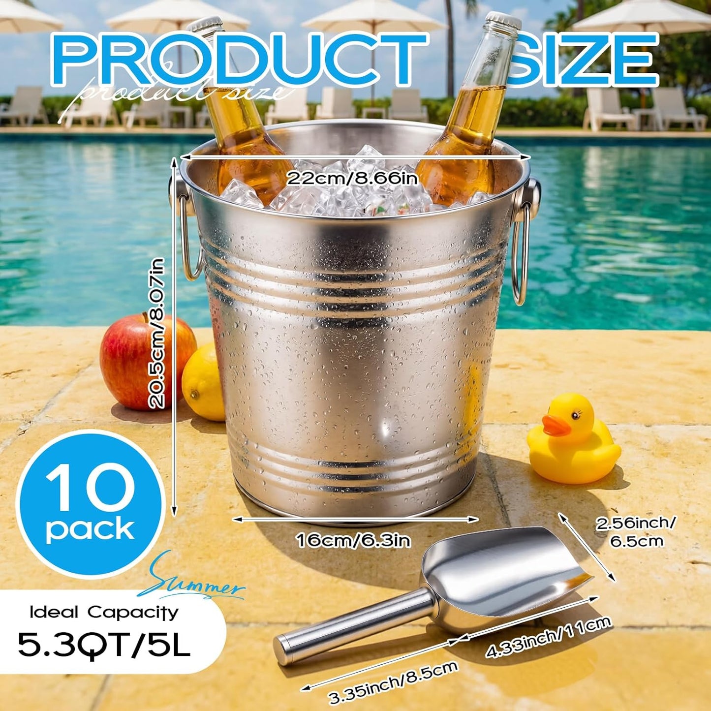Set 10 Cubos Hielo Acero Inox 5L Con Cuchara Para Fiestas