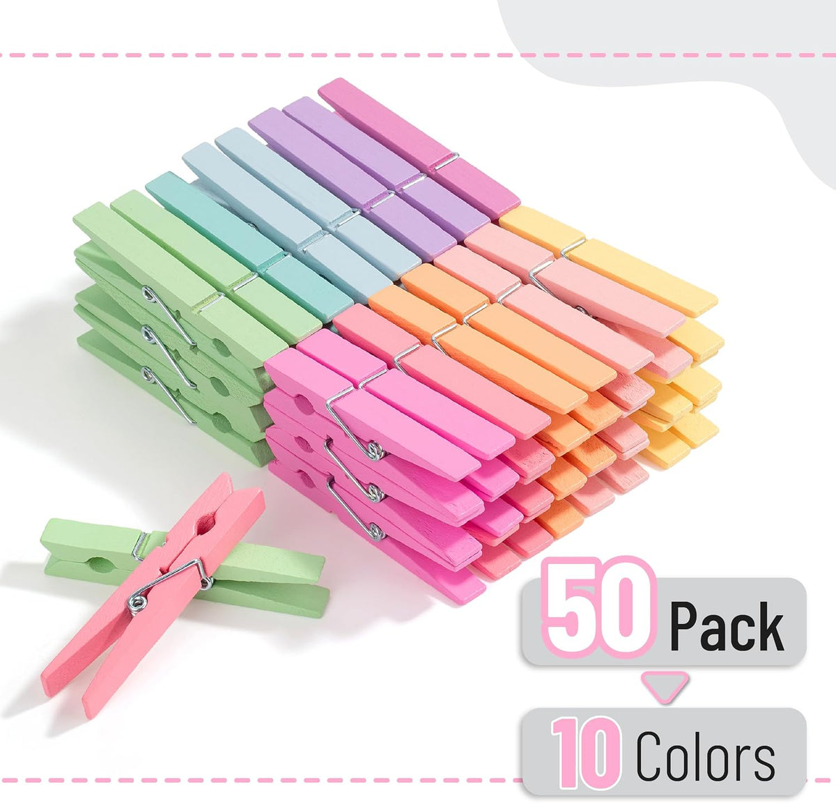 Pinzas madera ropa 50pzas 2.9pulg colores pastel