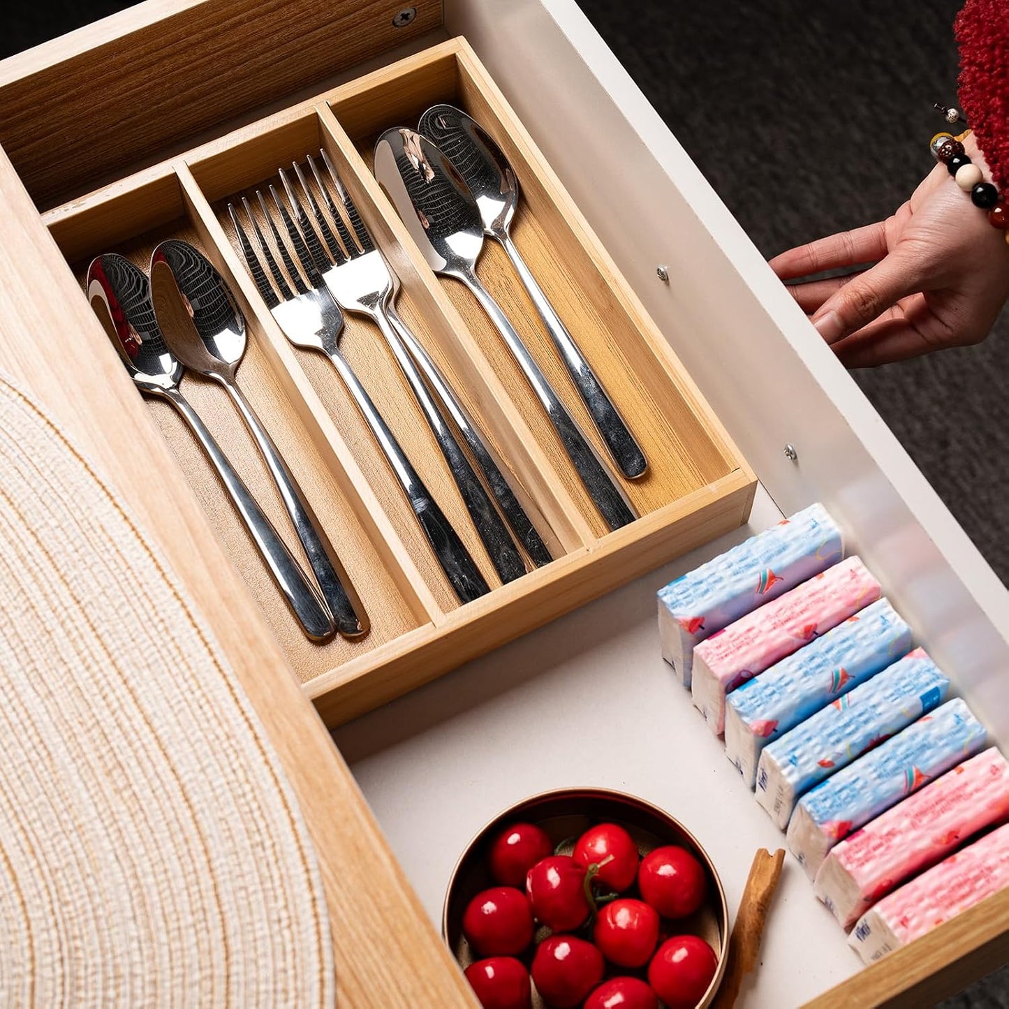 Organiz. cubiertos bambú cajón cocina utensilios natural