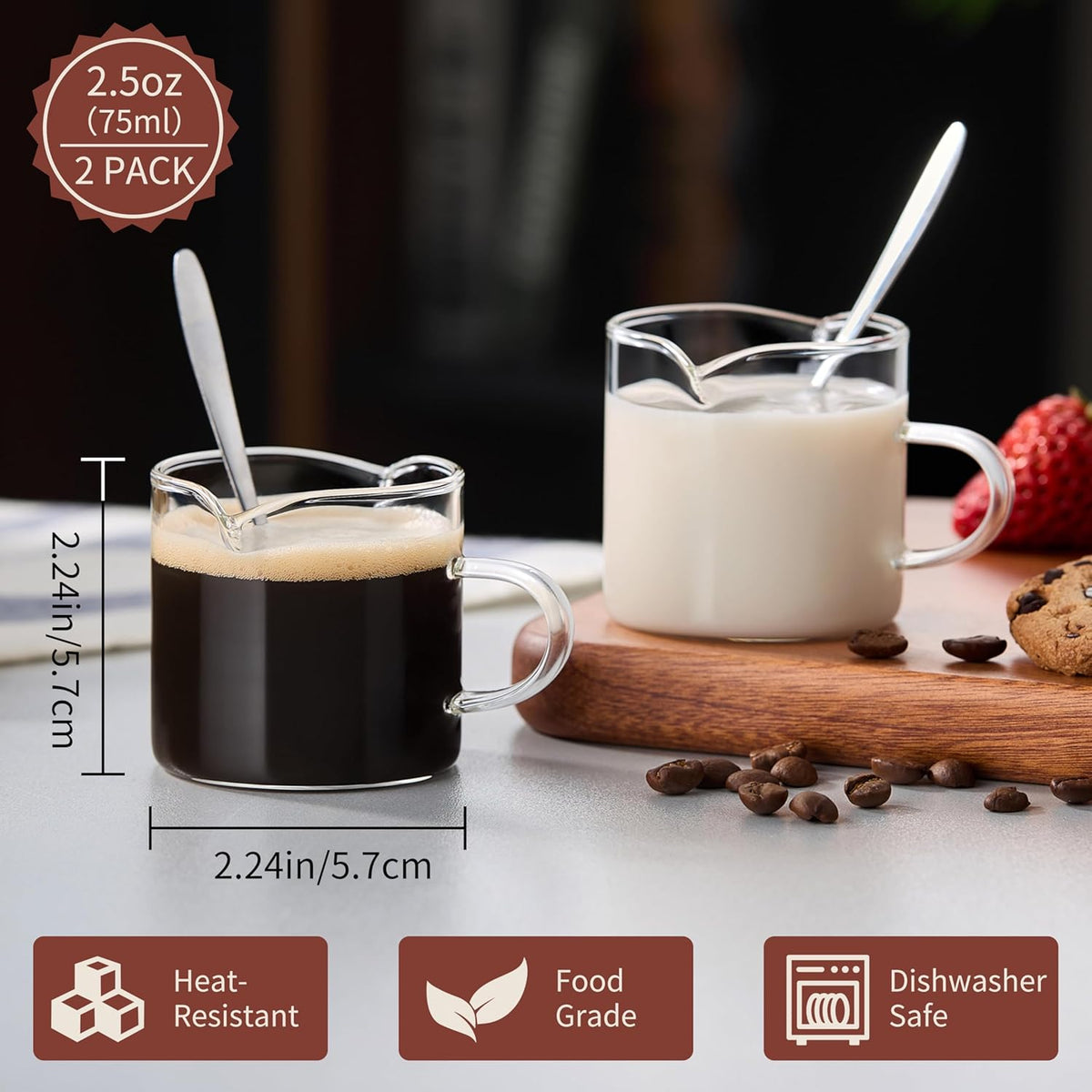 Juego de 2 tazas de café expreso con asa de doble boquilla de vidrio