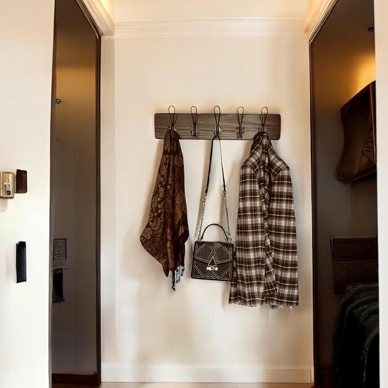 Perchero madera pino 24" 5 ganchos dorados estilo rústico