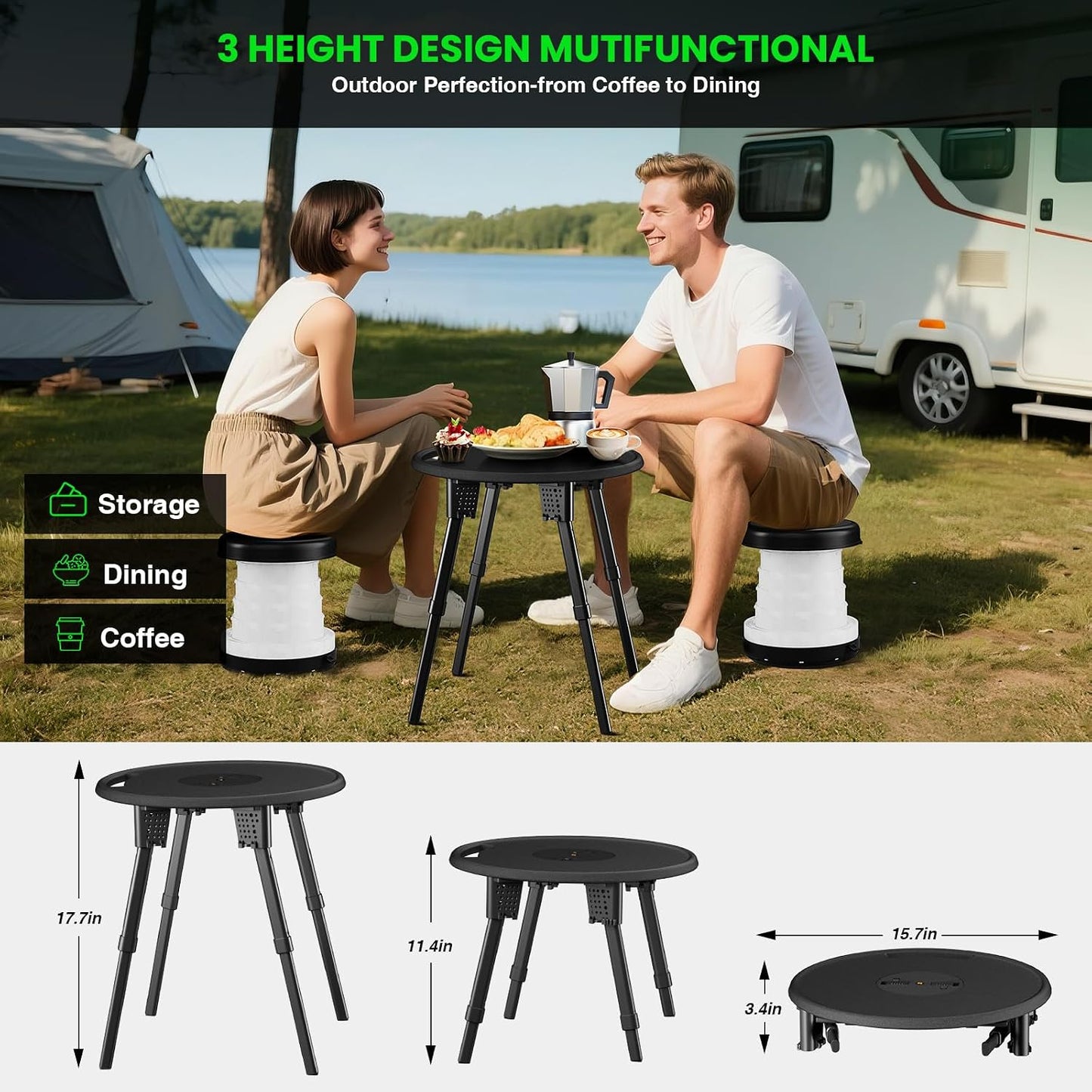 Set mesa camping LED con taburetes plegables 300lb
