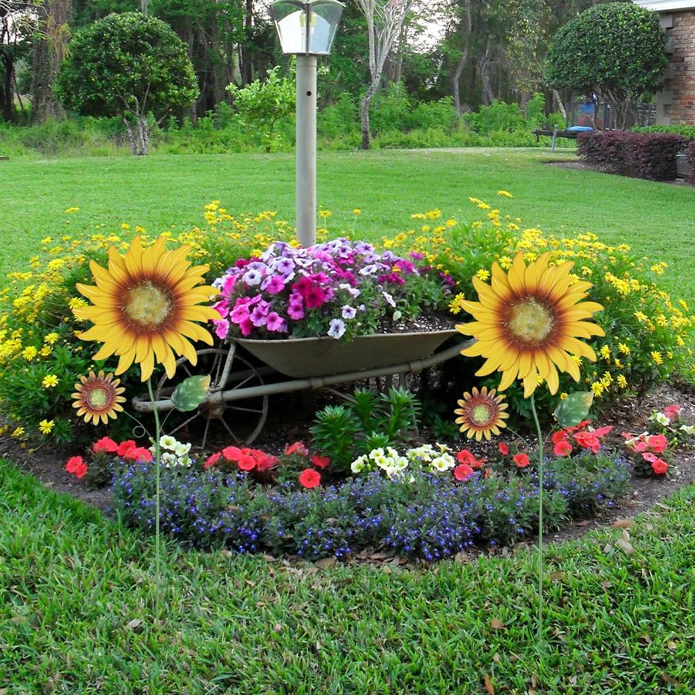 2 Pzas Estacas Girasol Metal Jardín 33pulg Decoración