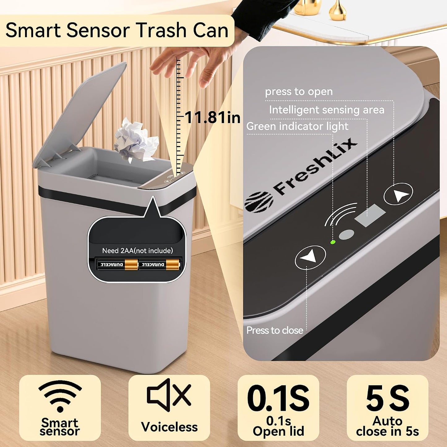 3 Cubos Basura 10L Sensor Movimiento Impermeables