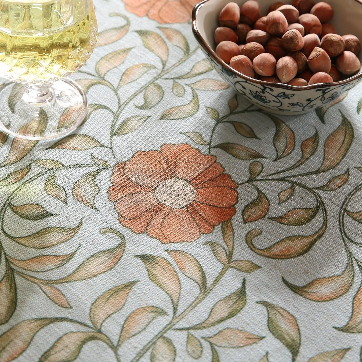 Mantel redondo lino francés azul diseño floral vintage
